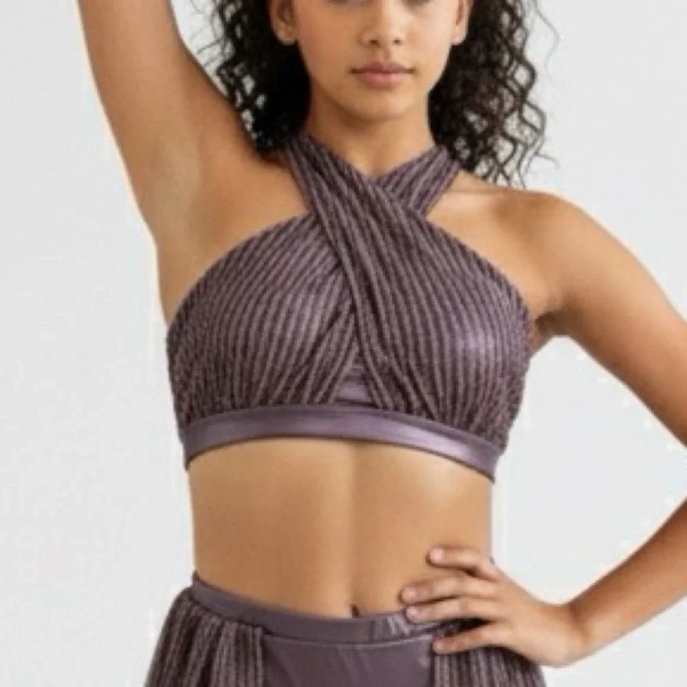 Double Platinum purple shimmer Halter Crop Top and Skirt Kids Dance Costume‎ AXS